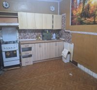A kitchen in a family house with a wooden decor floor and a stove.