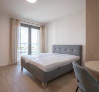 A bright bedroom with a bed, glass doors, and a wood-patterned floor in a studio apartment.