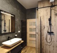 A bathroom with a wooden decor floor, a shower, and black details in a 2-room apartment.