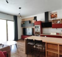 A kitchen in a 2-room apartment with a wooden decor floor and modern furniture.