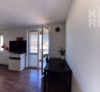 A room of a 2-room apartment with a wooden decor floor, a table, and a television.