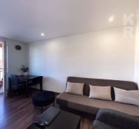 Living room of a two-room apartment with a wooden decor floor, a sofa, and a balcony.