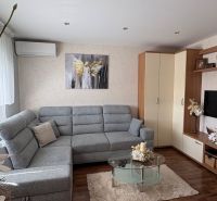 Living room in a 3-room apartment with a wooden decor floor and a comfortable gray sofa.
