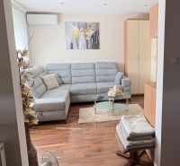 Living room with a corner sofa, decorative painting, and wooden-patterned flooring.