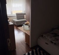A room in a 3-room apartment with a sofa, a bed, and a floor with a wooden decor.