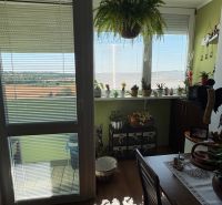 Dining room with wood-patterned flooring, plants, and balcony doors in a 3-room apartment.