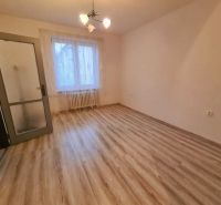 A room in a 2-room apartment with a wooden decor floor and a window with a blind.