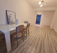 Dining nook with wood-patterned flooring in a 2-room apartment.