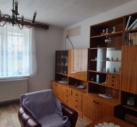 A living room in a family house with retro furniture and a wooden decor floor.