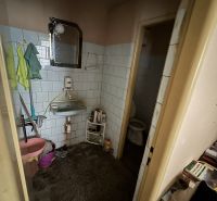 Bathroom with a sink, mirror, toilet, and cleaning products in commercial premises.