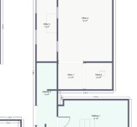 Floor plan of commercial spaces with layout of rooms, doors, and their dimensions.