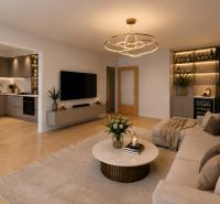 Living room in a 3-room apartment with a sofa, wooden decor flooring, and a built-in kitchen.