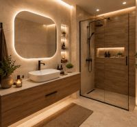 A bathroom in a 3-room apartment with wood-patterned flooring, modern lighting, and a shower enclosure.