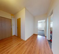 Entrance hall in a 3-room apartment with wood-patterned flooring and white walls.