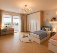 Children's room with two beds, a desk, and a floor with a wood decor.
