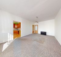 Living room with a carpet, a sideboard, entrance to the kitchen in a 3-room apartment.