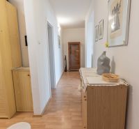 A hallway with a wood-decor floor and wooden furniture in a 3-room apartment.