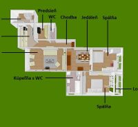 Floor plan of a 3-room apartment with a kitchen, living room, two bedrooms, and a loggia.