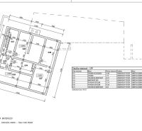 Floor plan with room layout, material legend, and area table.