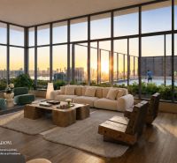 Interior of a 1-room apartment with a panoramic view, comfortable seating, and a floor with a wooden decor.