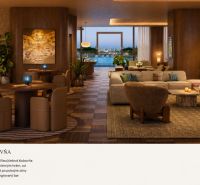 A multifunctional clubroom with stylish furnishings and a wood-patterned floor.