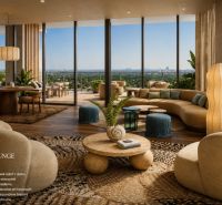 Lounge zone with wood-decor flooring and panoramic exterior views.