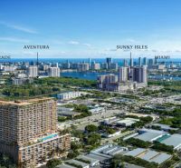 Panorama of Miami with skyscrapers and greenery around studio apartments.