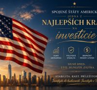 The USA flag waves at sunset over the city skyline, supporting investments.