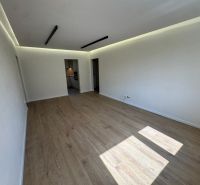 Living room with wood-patterned flooring in a 3-room apartment, light walls, ceiling lighting.