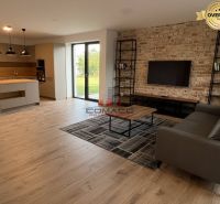 A bright living room in a family house with a wood-patterned floor and a brick wall.