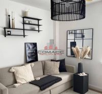Living room in a family house with a sofa, black light fixture, and decorative elements.