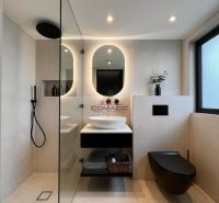 A bathroom in a family house with a black sink, ceiling lights, and a shower corner.