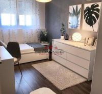 A room in a family house, wooden decor flooring, white dressers, plants, and paintings.
