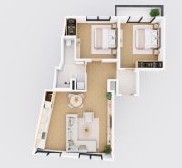 Floor plan of a 3-room apartment with wood-patterned flooring, including a living room and two bedrooms.