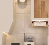 Bathroom solution in a 3-room apartment with a bathtub, sink, and floor with a wooden decor.
