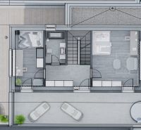 Floor plan of a family house with bedrooms, bathroom, and terrace.