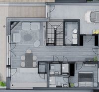 Floor plan of a family house with a wooden decor floor, terrace, and garage.
