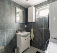 A bathroom in a family house with a sink, mirror, and appliances, surrounded by dark walls.