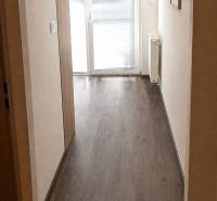 A hallway with sliding doors and a wooden decor floor in a studio apartment.
