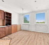 A kitchen in a 2-room apartment with a wooden decor floor, cabinets, and windows.