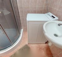 Bathroom with a washing machine, shower, and sink in a 3-room apartment.