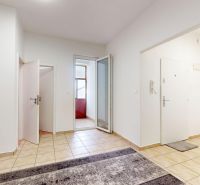 A bright hallway in a 3-room apartment with ceramic flooring and doormats.