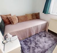 A small room with a sofa and cushions, next to a window and a radiator.