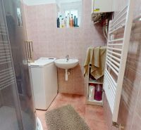 A bathroom with pink tiles, a shower corner, and a washing machine in a 3-room apartment.