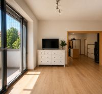 Living room in a two-room apartment with a balcony, TV, and wooden decor flooring.