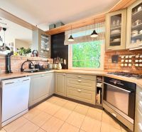 A kitchen in a family house with an oven, a counter, green cabinets, and brick tiles.