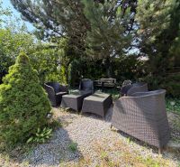 The garden of a family house in Mojš with garden furniture surrounded by trees.