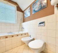 The bathroom in the family house contains a bathtub, a bidet, a toilet, and decorative tiles.