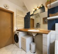 A bathroom in a family house with a washing machine, a sink, and shelves on white tiles.