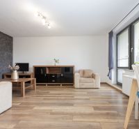 Living room in a two-room apartment with a wooden decor floor and comfortable seating.